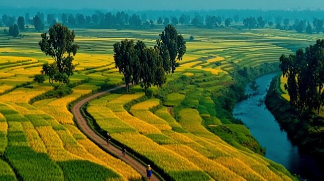 Kisan Diwas Lush Terraced Farmland Winding Path and Blue River Landscape