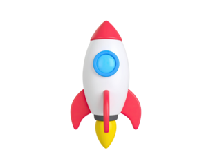 Rocket launch with powerful rising flame and ascending spacecraft lifting into clear sky for space exploration themes isolated on white background
