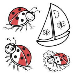 Cute ladybugs and sailboat doodle vector butterfly