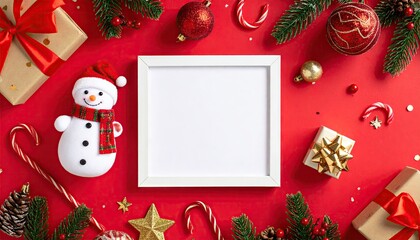 Festive Christmas flat lay with snowman, gifts, and ornaments on red background with blank frame for text.