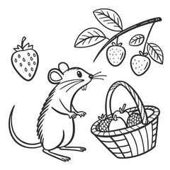 Cute mouse and fruit basket hand drawn vector illustration