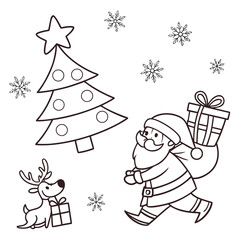 Cute Santa Claus reindeer Christmas tree snowflakes doodle