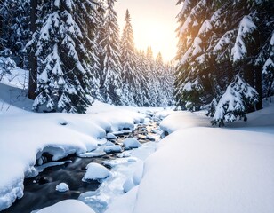 Snowy forest scene with a flowing stream and sunlit sky (1)