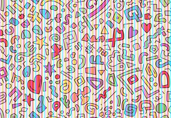 Vibrant abstract pattern with hand-drawn geometric and organic shapes on a striped background, creating a playful and dynamic visual texture for creative designs and backgrounds