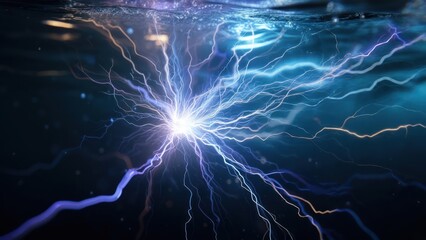 Underwater view depicting a vibrant, glowing energy burst with radiating electric currents