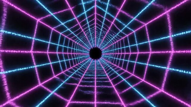 Seamlessly looping abstract tunnel warp effect created by vibrant neon pixelized retro grid lines moving toward the viewer infinity, moving, screen