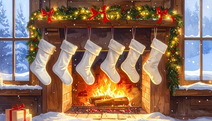 Cozy Christmas fireplace with stockings, warm fire, festive garland, and snowy winter windows.