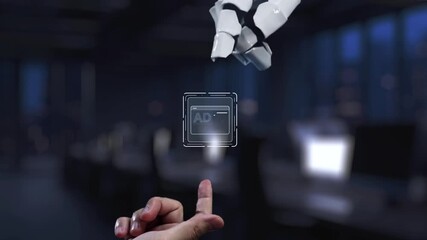 A human hand engages with a robotic arm showcasing digital icons related to advertising, representing the fusion of technology and marketing in modern business environments. Synapse