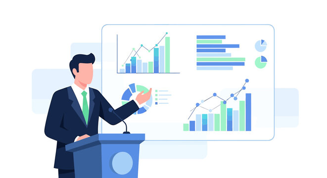 Corporate speaker presenting a business report with data visualization, showcasing financial growth and market analysis