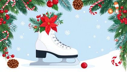 Festive Christmas ice skate decorated with poinsettia and winter elements on a snowy background.