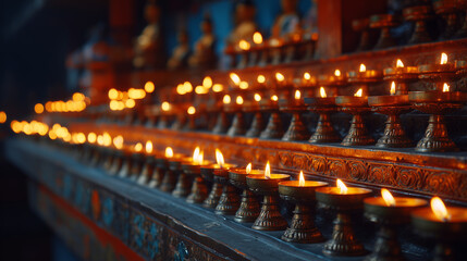 Rows of glowing butter lamps illuminating a sacred Tibetan shrine during the Galdan Namchot celebration