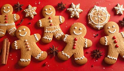 Festive Christmas gingerbread cookies arranged with star anise and cinnamon sticks on a red background.