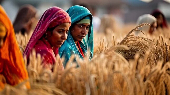 Kisan Diwas Indian Women Farmers Harvesting Golden Wheat Crop