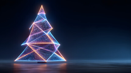 Futuristic Christmas tree with glowing geometric shapes and neon lights on a dark blue background. Concept for technology, celebration, and modern holiday design.