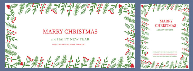 Christmas banner and card vector frame design featuring hand drawn green foliage and red berries around a clean white center. Perfect for holiday cards, New Year greetings, posters, invitations.