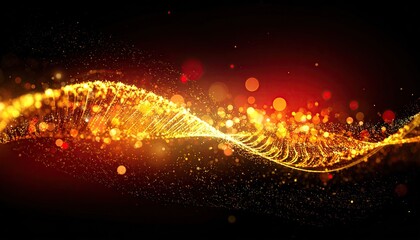 Abstract Golden Particle Helix Swirling with Fiery Bokeh Lights.