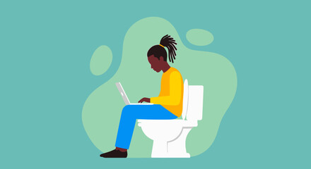 Young woman focused on her laptop while sitting on a toilet, representing the realities of remote work and being constantly connected in the digital age