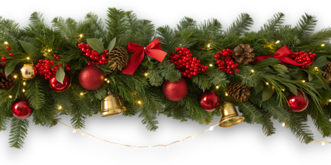 Festive evergreen garland adorned with red ornaments golden bells and twinkling lights for a joyful holiday display