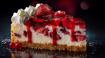 A close up view of a slice of strawberry cheesecake with whipped cream and red glaze on top