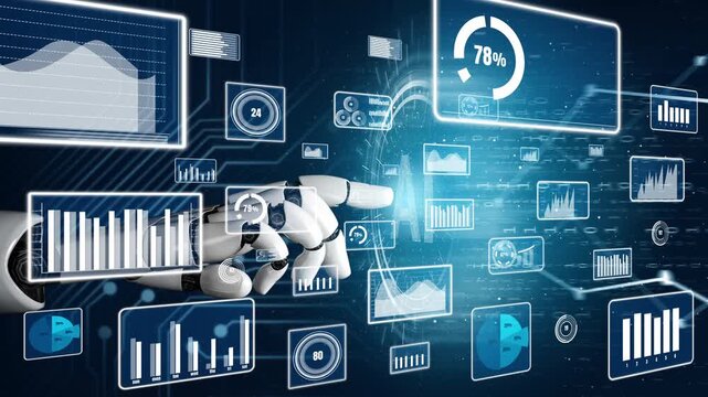 A robotic hand engages with floating digital screens while showcasing diverse data visualizations, reflecting innovation and advanced technology in analytics. Xenic