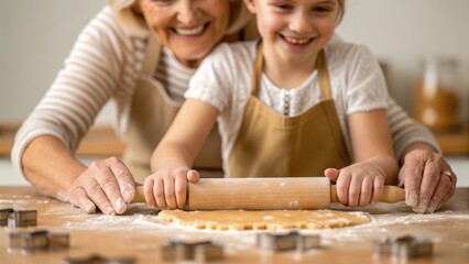 A grandmother and granddaughter joyfully bake together, rolling dough on a floured countertop with cookie cutters nearby.