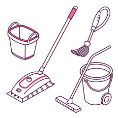 Household cleaning tools isometric icons with pink accents