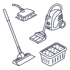 Household cleaning tools line art icons vector 1