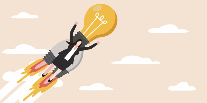 Businesswoman launches into the sky on a rocket powered lightbulb idea