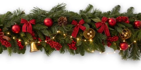 Festive christmas garland adorned with red bows golden ornaments and twinkling lights creating a warm and inviting holiday atmosphere
