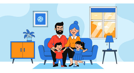 Cheerful vector illustration portraying a happy family of four enjoying domestic bliss and quality time together on a comfortable sofa in their modern, inviting home