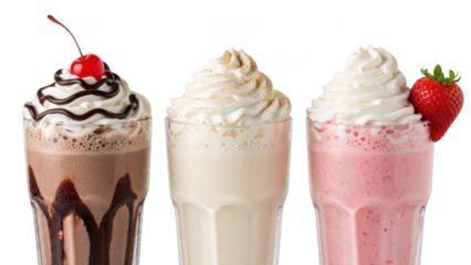 Three delicious milkshakes with whipped cream and toppings isolated on transparent background