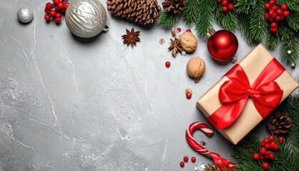 Festive Christmas Gift Box Arrangement with Holiday Decorations.