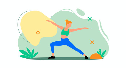 Woman practicing yoga in a warrior pose with natural elements in a colorful and modern flat illustration