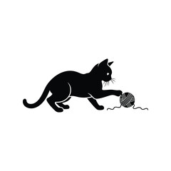 Playful black cat with yarn ball silhouette vector graphic