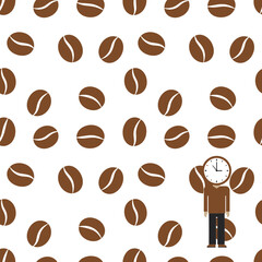 Obraz premium Coffee Pattern with Character Holding Clock Head