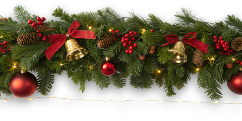 Festive christmas garland adorned with red ornaments golden bells pinecones and twinkling lights creating a warm holiday atmosphere against a dark background