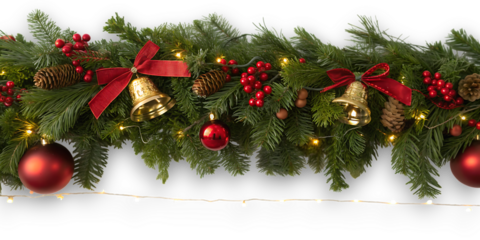 Festive christmas garland adorned with red ornaments golden bells pinecones and twinkling lights creating a warm holiday atmosphere against a dark background