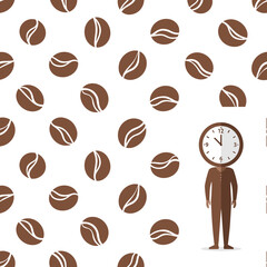 Obraz premium Seamless Coffee Bean Pattern with Clock-Head Figure