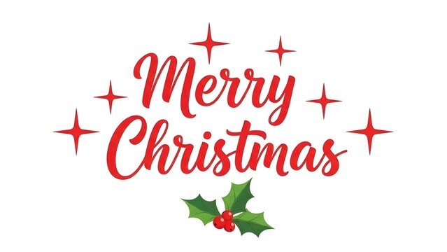 Merry christmas text design in red script font with decorative stars and holly leaves illustration, isolated on white background
