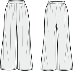 Women's elastic waist loose pants front and back technical sketch, fashion cad drawing for apparel design flat vector illustration