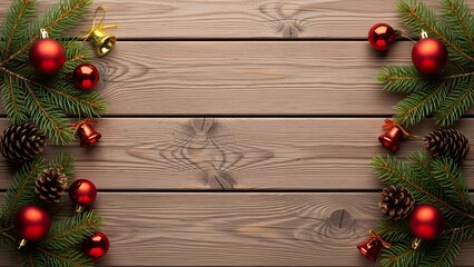 Christmas holiday border frame decoration with red ornament bauble and pine branch on rustic wooden background for festive greeting card design