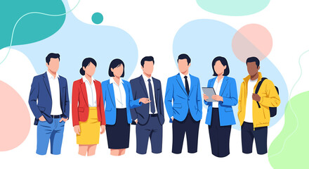 A diverse group of professional business people standing together, symbolizing teamwork, corporate culture, and a modern workforce in a flat vector illustration