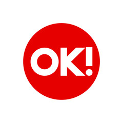 Bold OK! Wordmark Logo on a Solid Red Circle: Simple, High-Contrast Graphic Symbolizing Acceptance, Approval, or an All-Clear Status