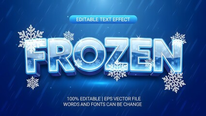 Editable 3d text effect in frozen ice style with snowflakes on a dark blue winter background for graphic design