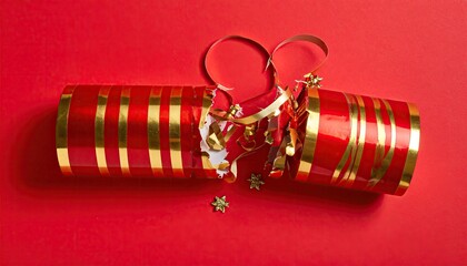 Red Christmas Cracker Pulled Apart with Gold Ribbons and Confetti.