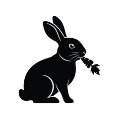 Black rabbit silhouette eating carrot vector icon for design