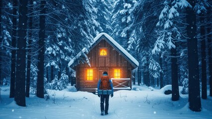 Man hiker with backpack walking to a cozy cabin in a snowy winter forest. Outdoor adventure and peaceful retreat concept for travel and vacation.