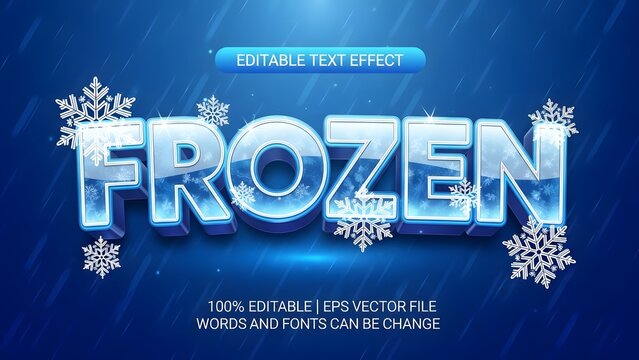 Editable 3d text effect in frozen ice style with snowflakes on a dark blue winter background for graphic design
