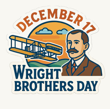 Wright Brothers Day Illustration &ndash; December 17 Aviation Tribute with Vintage Portrait, Early Plane, and Scenic Sky