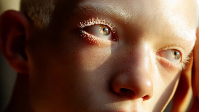 Intimate Portrait of a Young Individual with Unique Features Capturing Light and Emotions in a Soft, Dreamy Environment, Highlighting the Beauty of Imperfection and Individuality